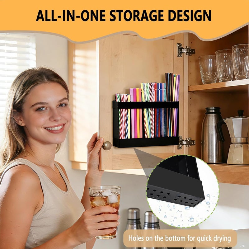 NTIERA 9.5" Large Acrylic Straw Holder for Cabinet Door-Reusable Tumbler Straw Organizer Storage,Small Kitchen Organizers and Storage Accessories Container, Ultra Sticky Cupboard Door Mounted(Black) - Image 4